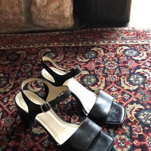 Black coach open toe leather heels
